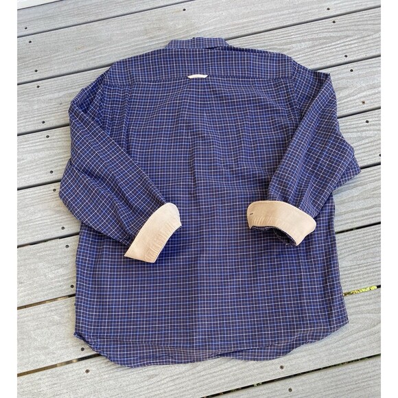 Barbour Mens Large Country Check Shirt Navy Blue Tan Plaid Cotton Corduroy Cuffs - Picture 11 of 14